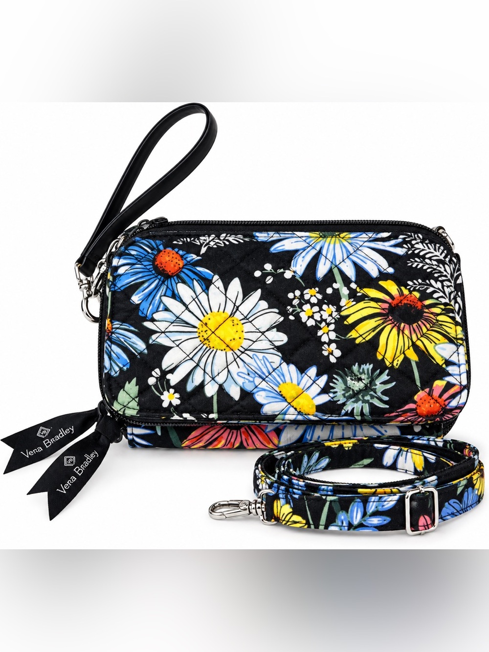 Vera Bradley Floral RFID All-in-One Crossbody Wristlet Wallet Black Blue